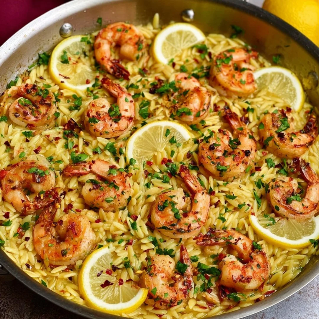 lemon-garlic-shrimp-orzo-2026-01-12-180244 Lemon Garlic Shrimp Orzo served in a white bowl with herbs and lemon slices