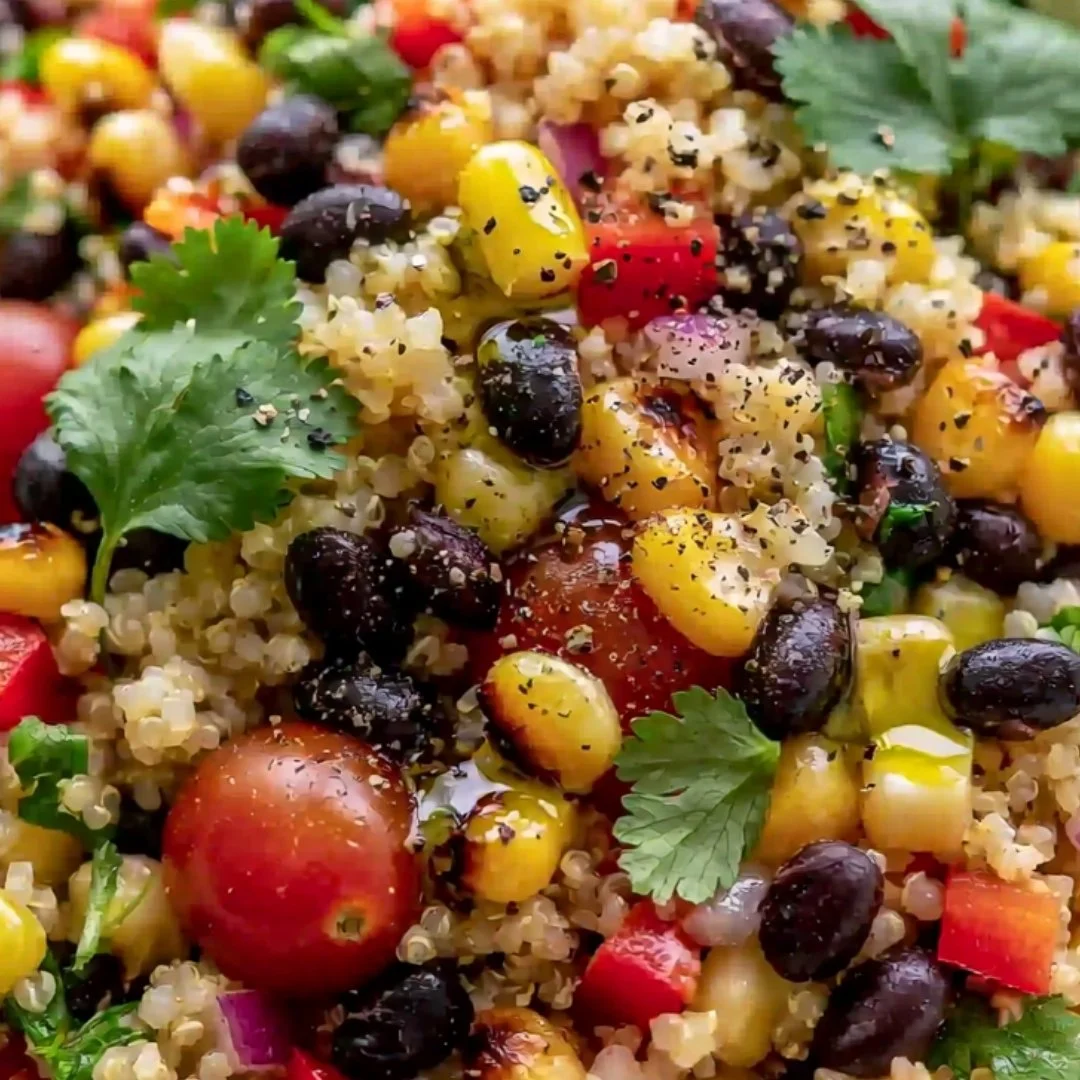 Cozy quinoa salad with fresh vegetables and dressing in a bowl