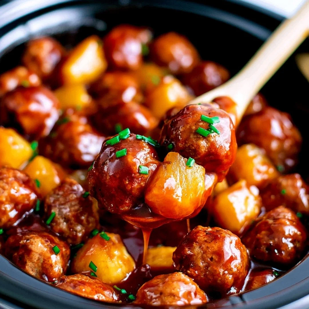 Delicious Hawaiian Meatballs served with a tropical sauce