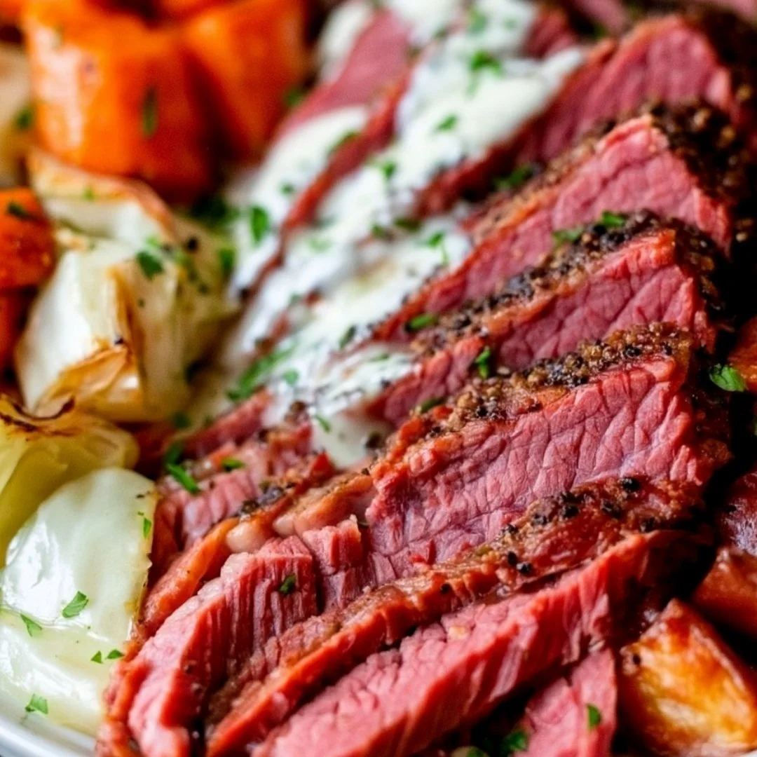 Delicious plate of homemade corned beef served with cabbage and carrots