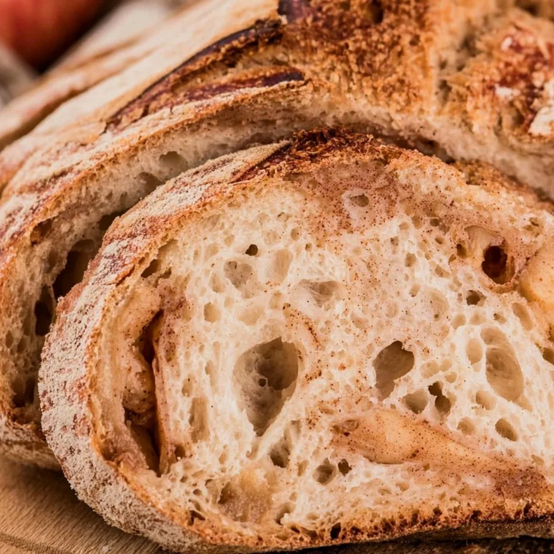 Loaf of cozy apple cider sourdough bread with autumn decorations