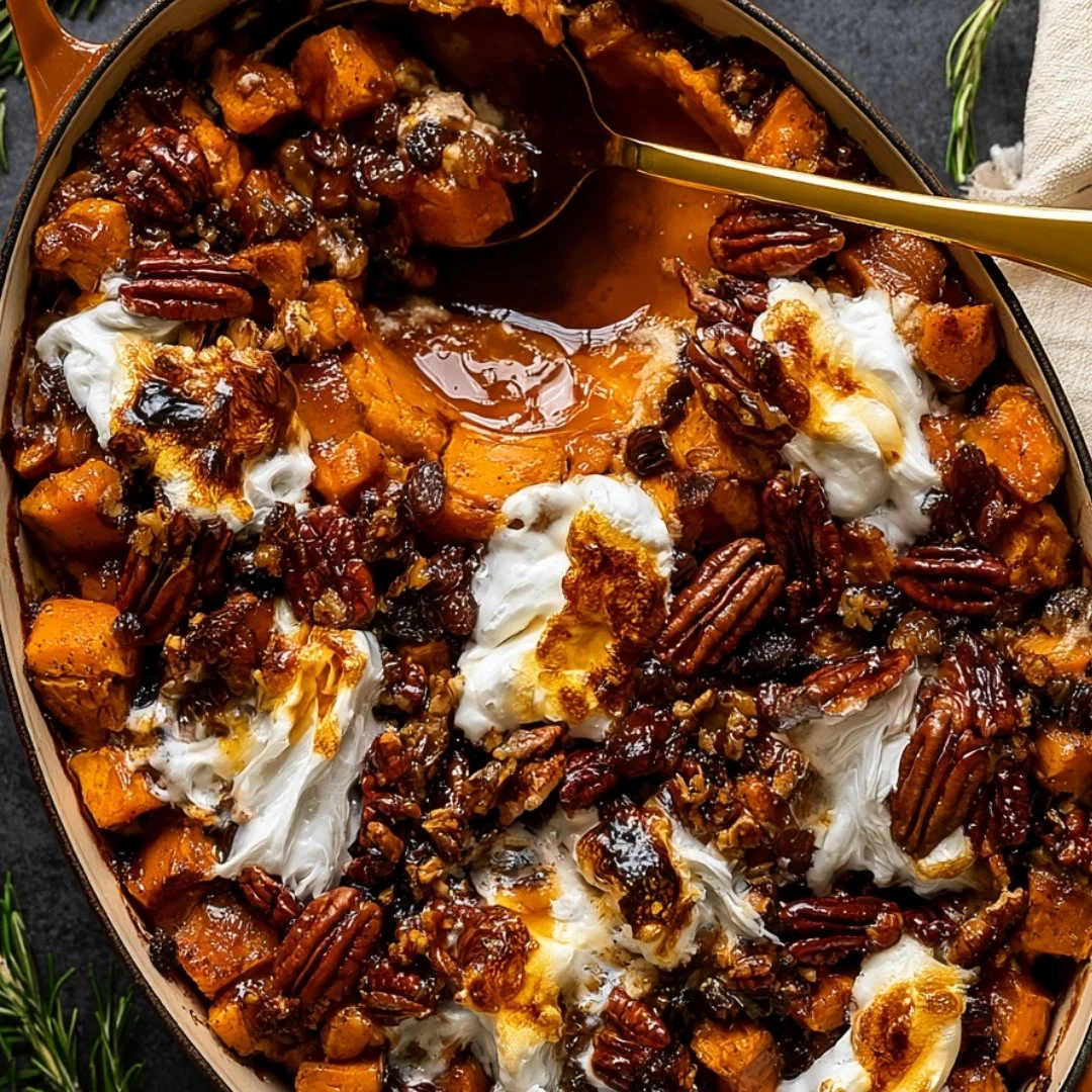 Southern Maple Sweet Potato Casserole topped with a delicious pecan crumble