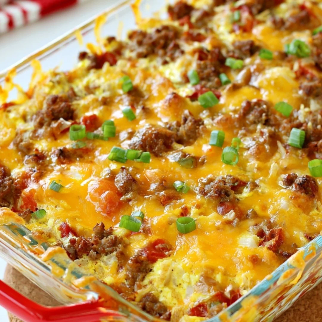 Delicious cozy sausage egg bake topped with herbs in a baking dish