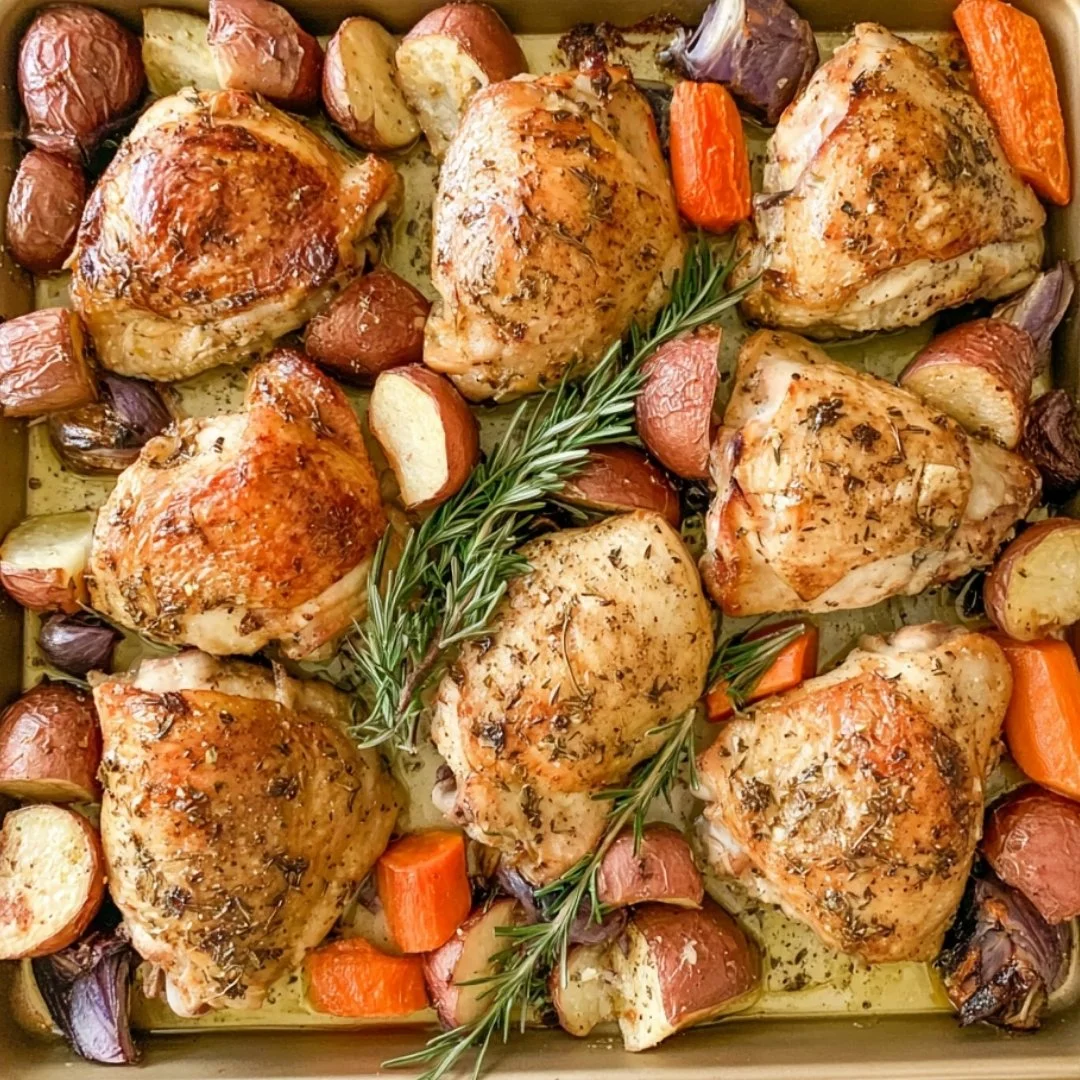 Cozy sheet pan chicken thighs roasted with herbs and vegetables for a comforting meal