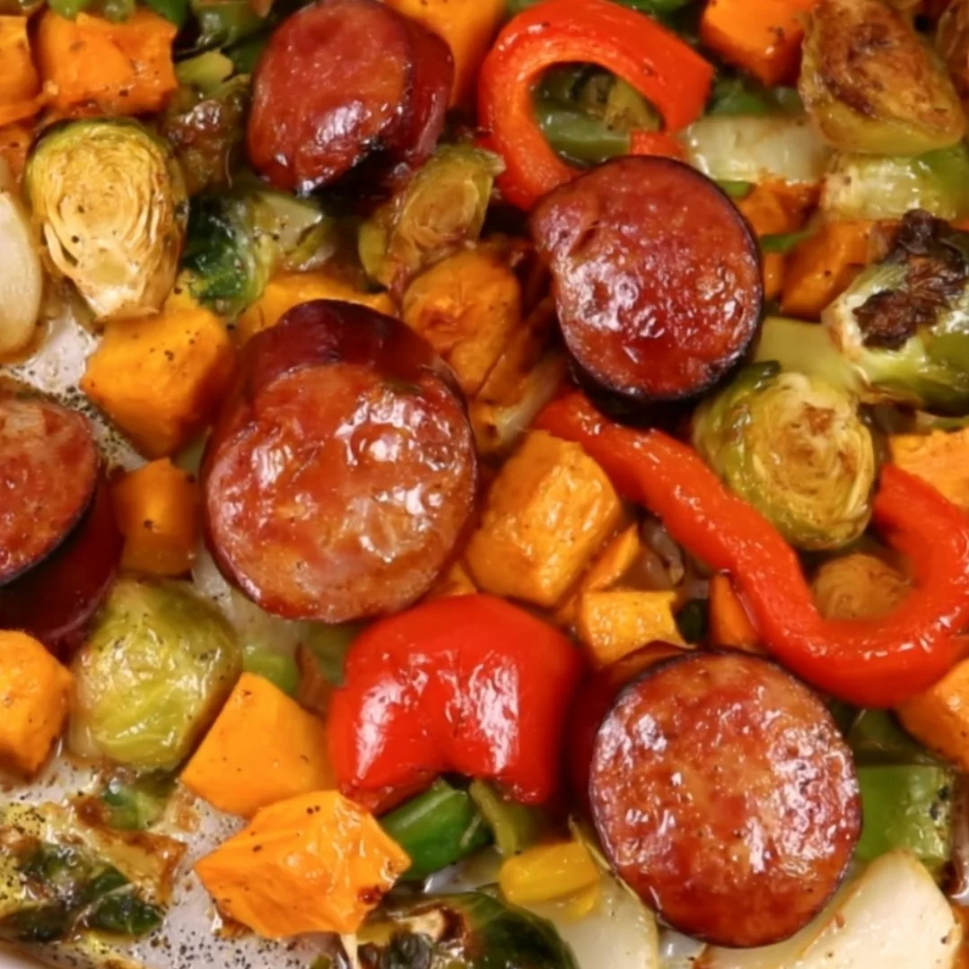 Cozy sheet pan dinner featuring seasonal vegetables and protein