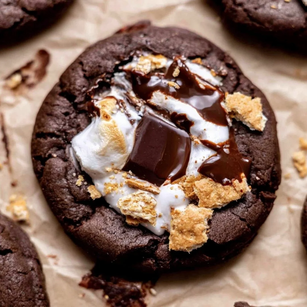 Freshly baked Double Chocolate S'mores Cookies stacked on a plate