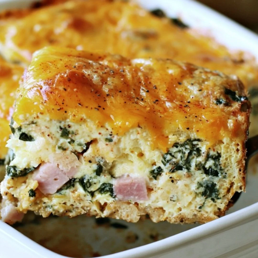 Ham & cheese breakfast casserole with spinach, a delicious breakfast option.