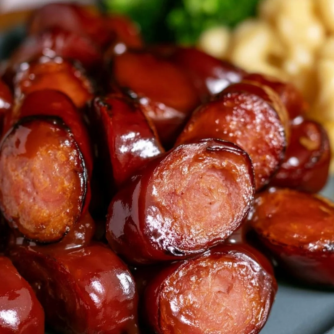 Cozy baked BBQ sausage dish served on a plate with herbs and spices.