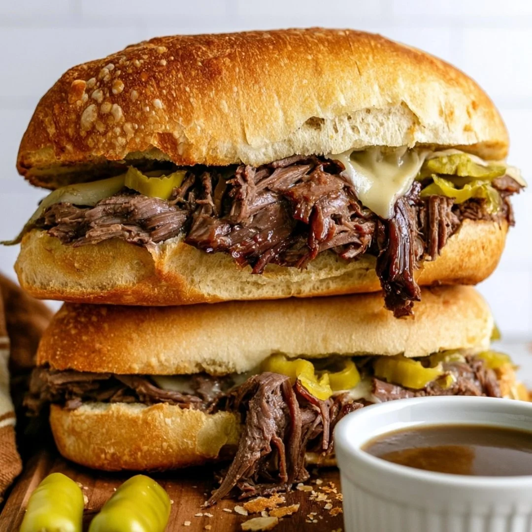 Delicious Slow Cooker Italian Beef Sandwich on a plate with herbs.